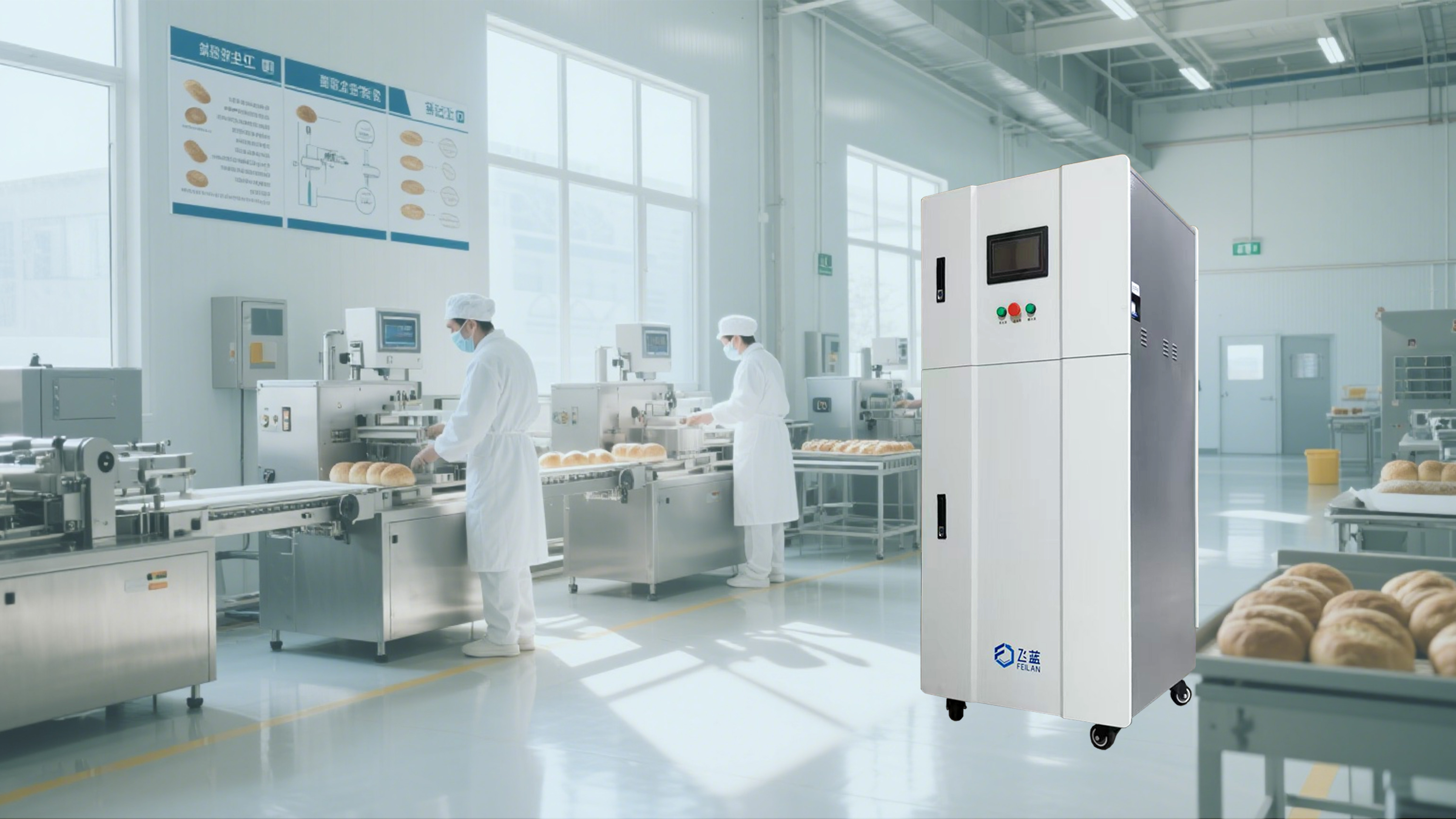 飛藍(lán)次氯酸生成器通過(guò)現(xiàn)場(chǎng)制備高效，安全，環(huán)保的食品級(jí)消毒劑，成為食品加工行業(yè)消毒殺菌的新型關(guān)鍵解決方案。